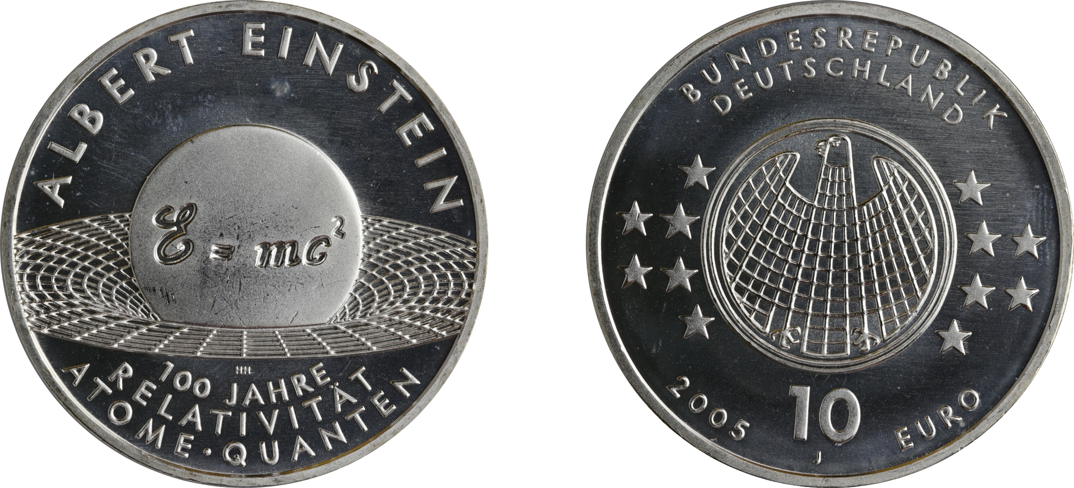 Die 10-Euro-Gedenkmünze zu Albert Einstein und „100 Jahre Spezielle Relativitätstheorie“ aus dem Jahr 2005